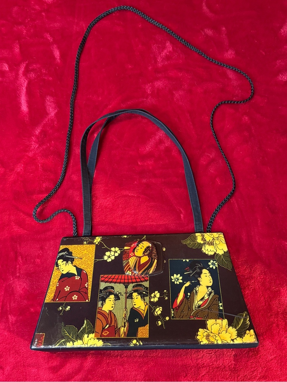 Vintage Angela Frascone Geisha Wood Box Bag Asian Shoulder Purse (Rare)